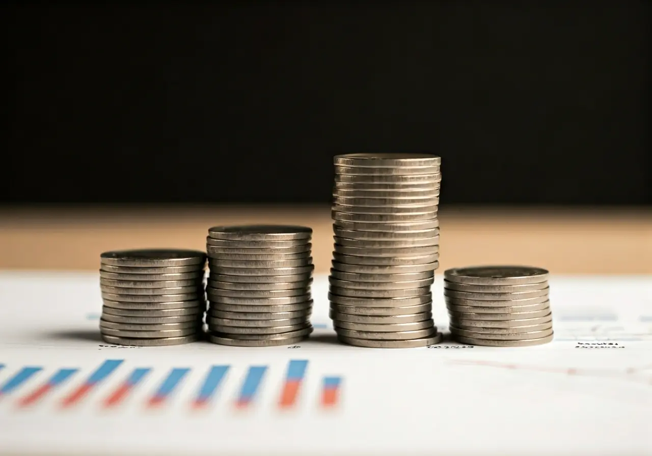 Stacks of coins next to a financial graph on a table. 35mm stock photo