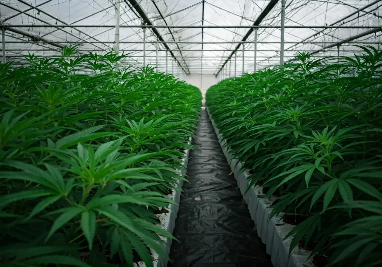 Rows of cannabis plants in a well-organized greenhouse. 35mm stock photo