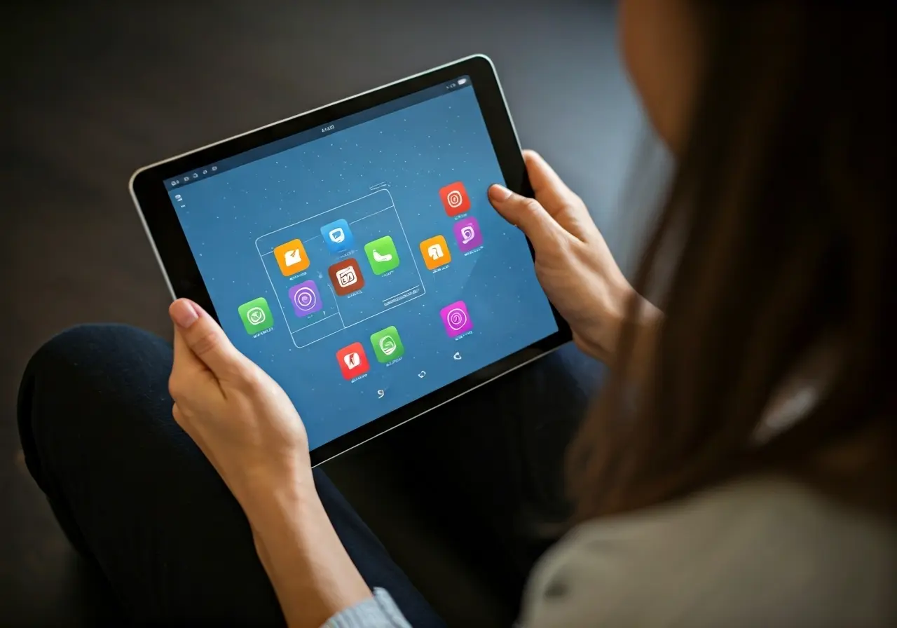 A person holding a tablet displaying various app icons. 35mm stock photo