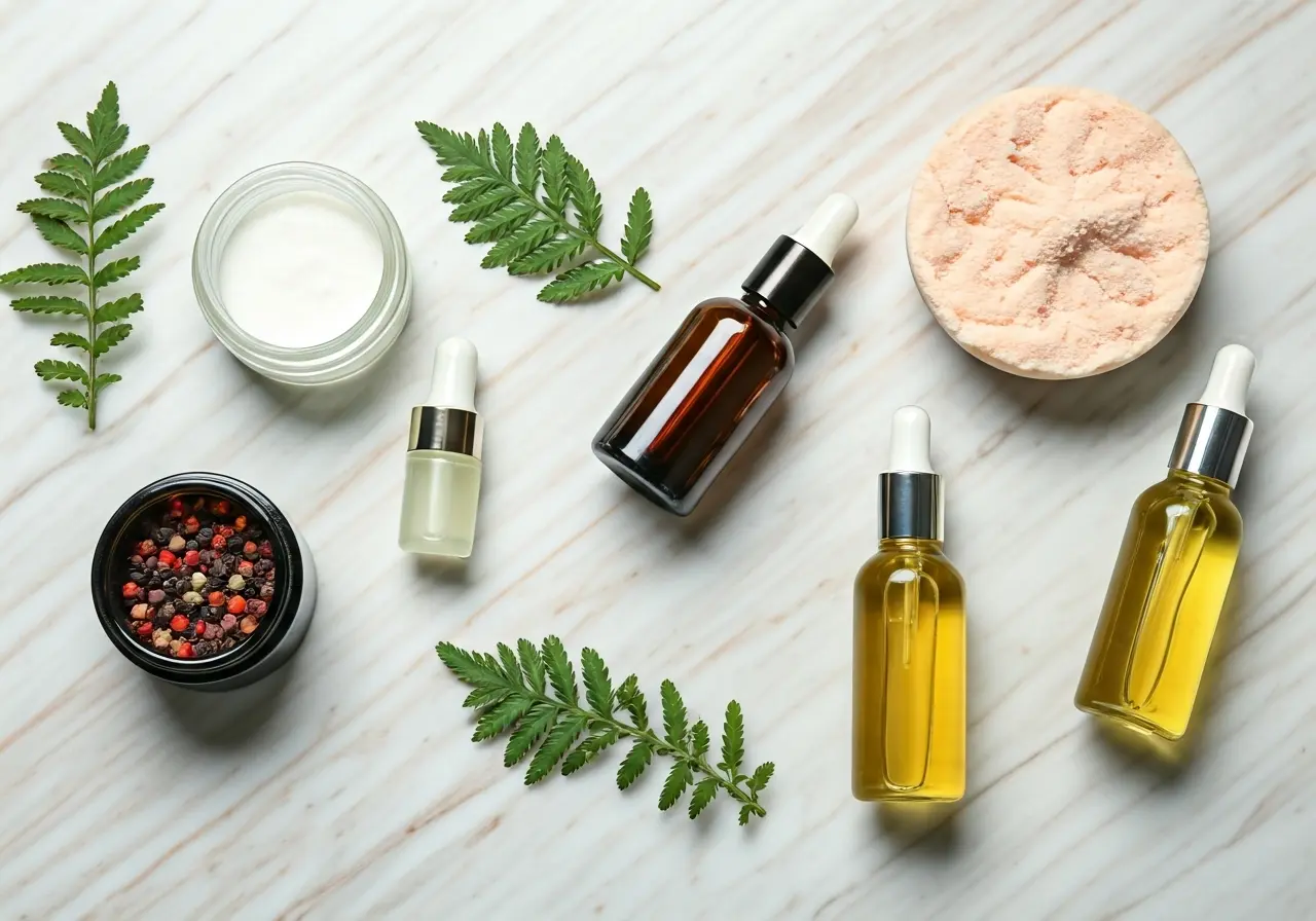 A flat lay of various botanical skincare products on marble. 35mm stock photo
