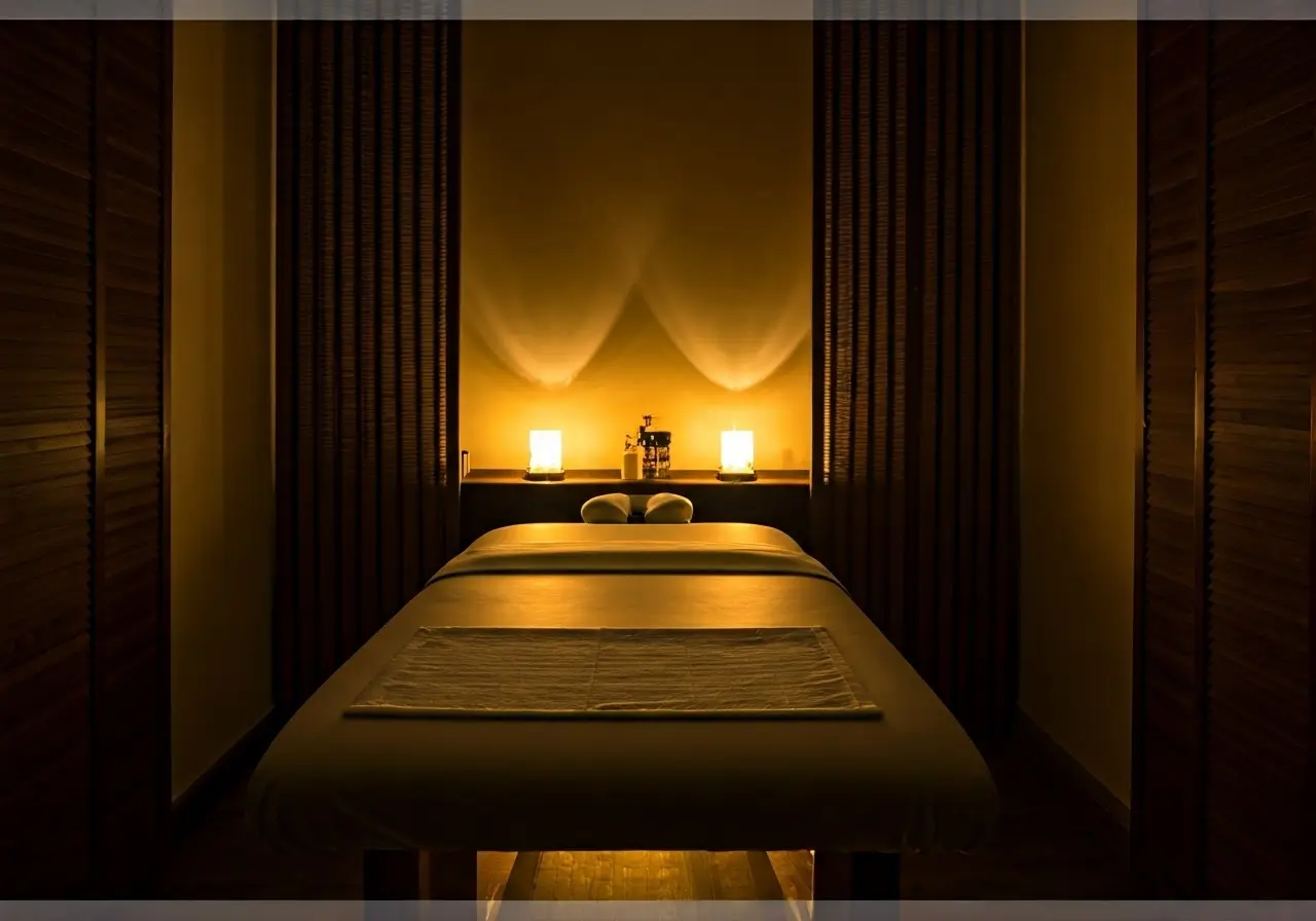 A serene spa setting with soft lighting and massage table. 35mm stock photo