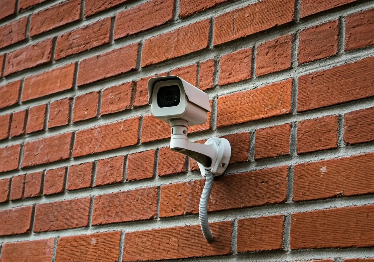 An outdoor security camera mounted on a brick wall. 35mm stock photo