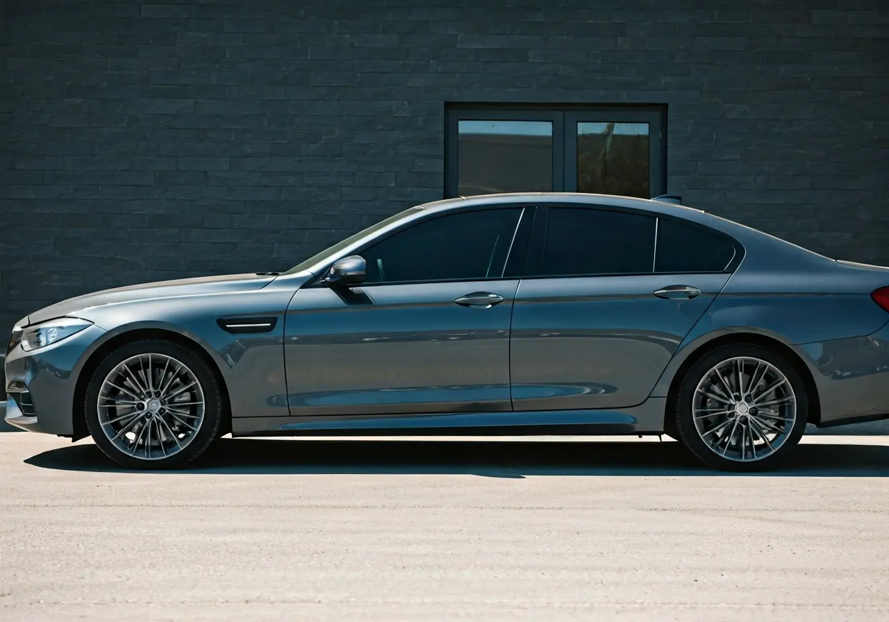 A sleek car with a newly tinted window in sunlight. 35mm stock photo