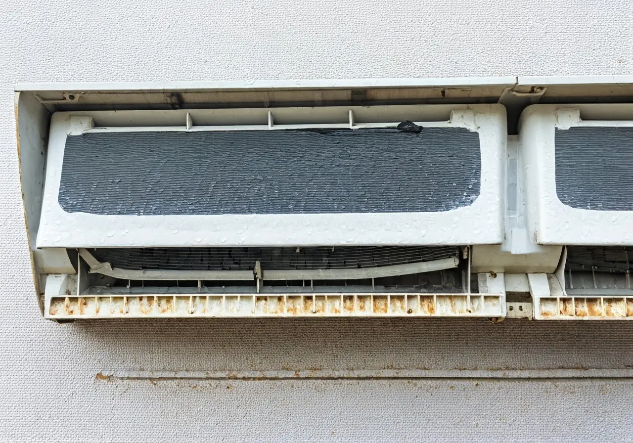 A broken air conditioning unit with visible condensation and ice. 35mm stock photo
