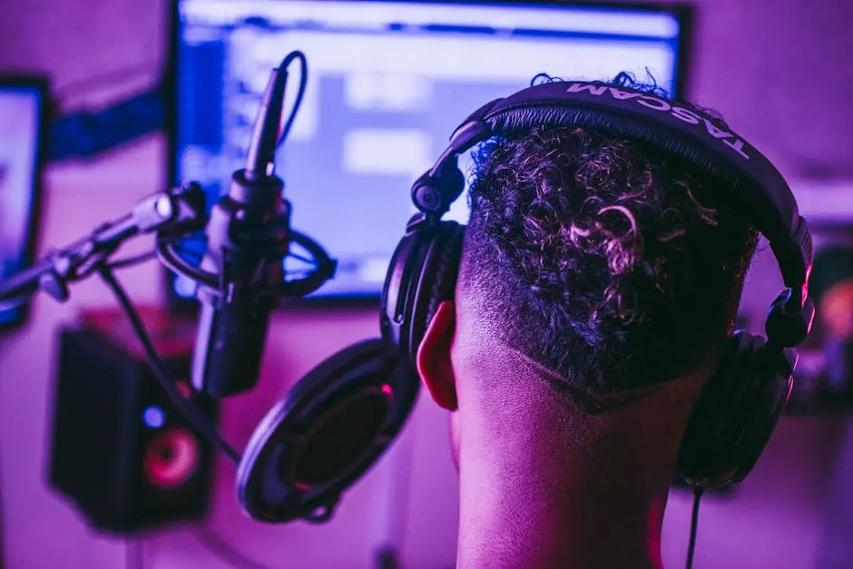 Back view of a music producer working in a vibrant recording studio setting.