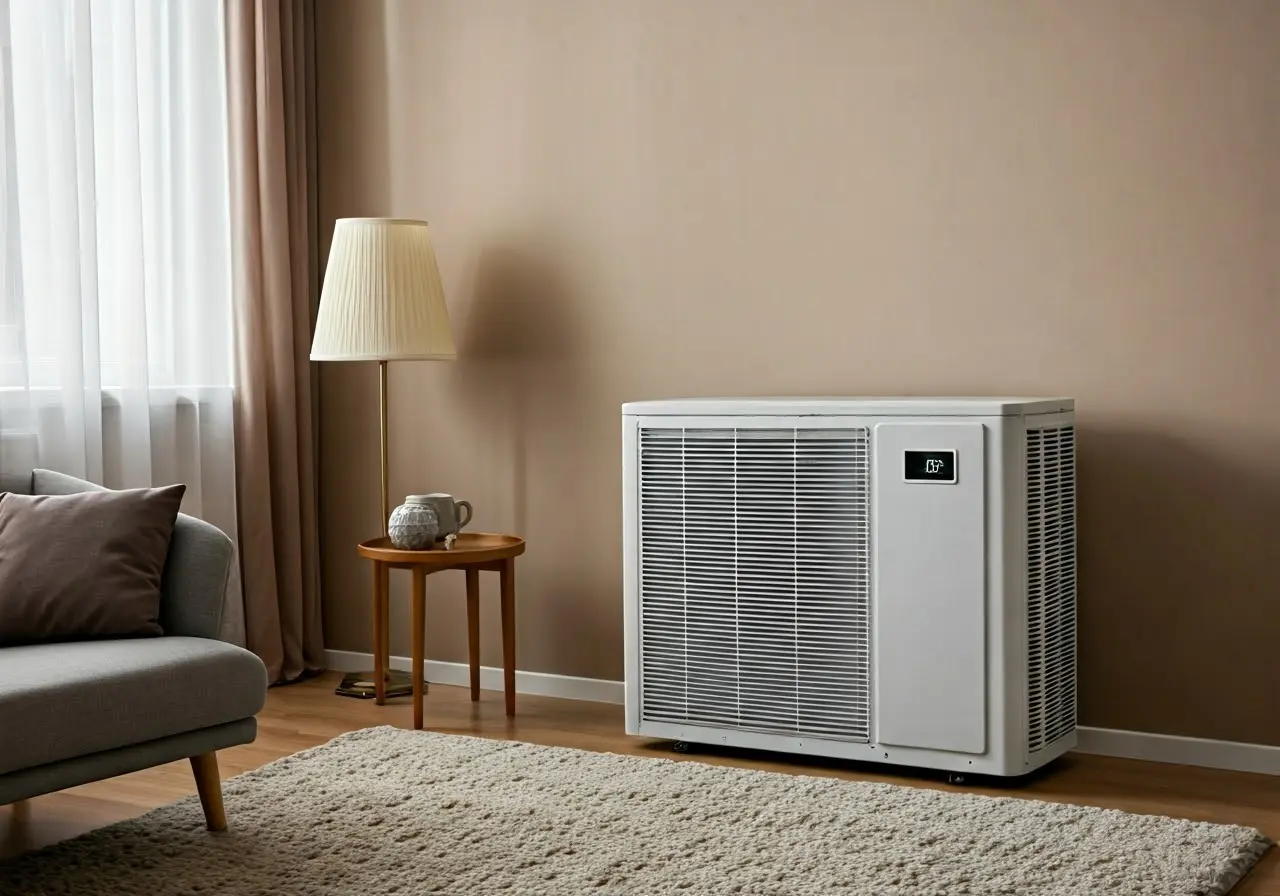 A modern HVAC unit operating efficiently in a cozy living room. 35mm stock photo