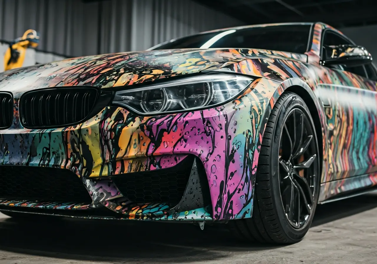 A close-up of vibrant car vinyl wrap being applied. 35mm stock photo