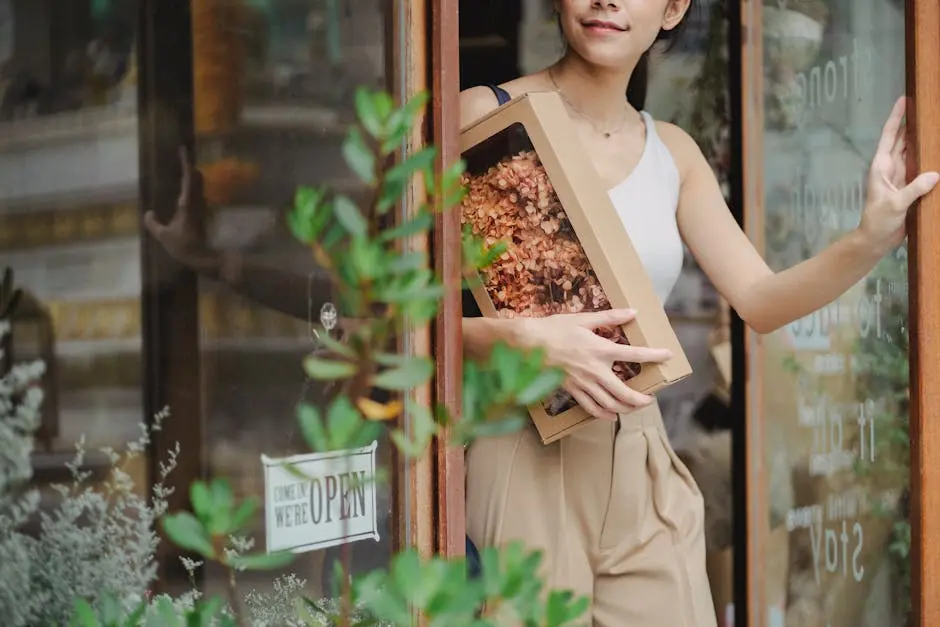A young woman happily exits a shop holding a box of dried flowers.