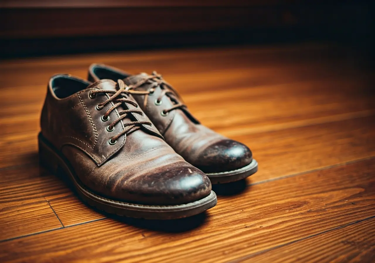 A close-up of nature shoes on a wooden floor. 35mm stock photo