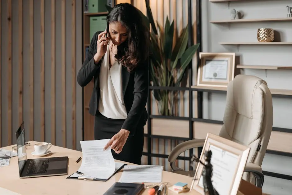 A female lawyer talking on phone while reviewing legal documents in a modern office setting.