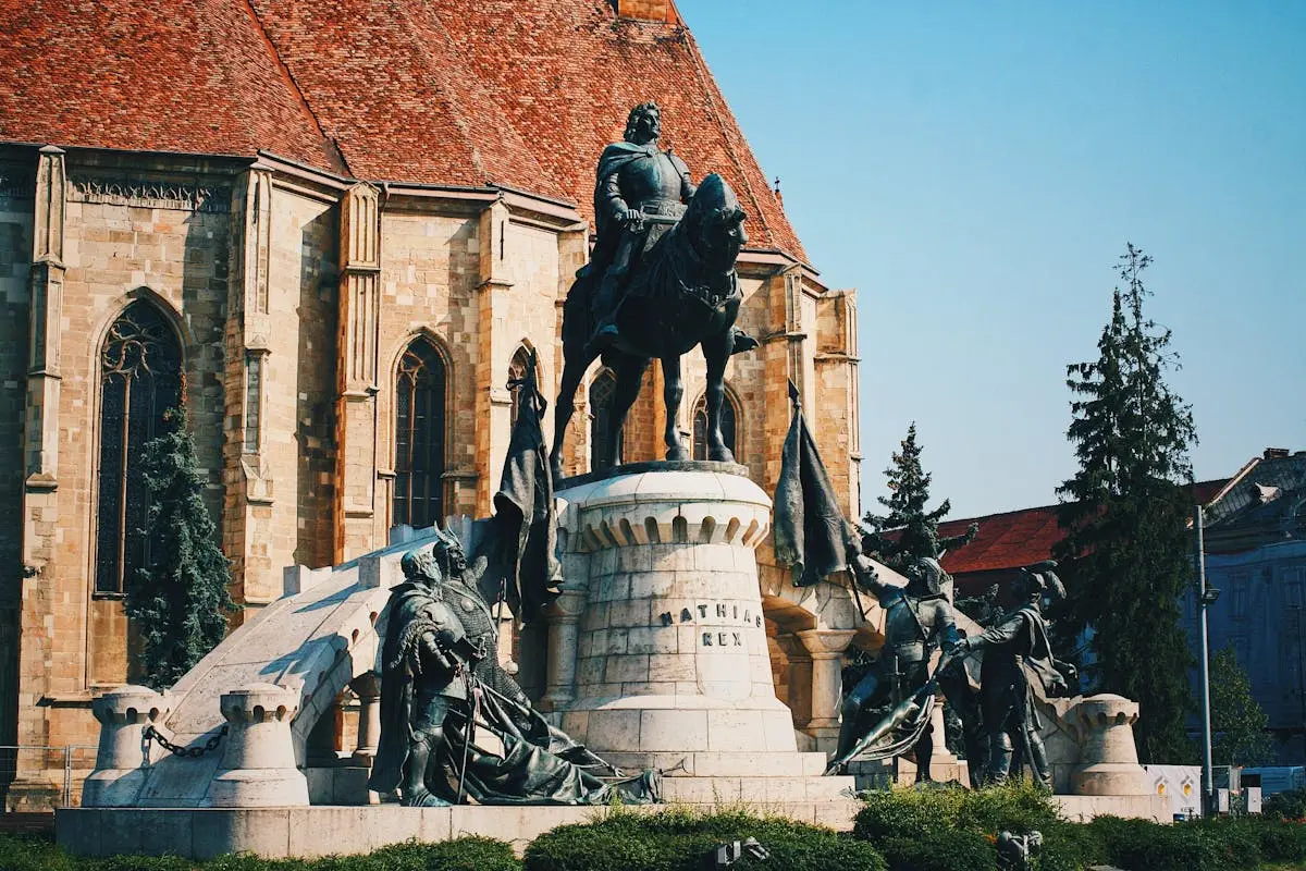 Explore the iconic Matthias Rex Monument, a historic landmark in Cluj-Napoca, Romania, showcasing medieval architecture.