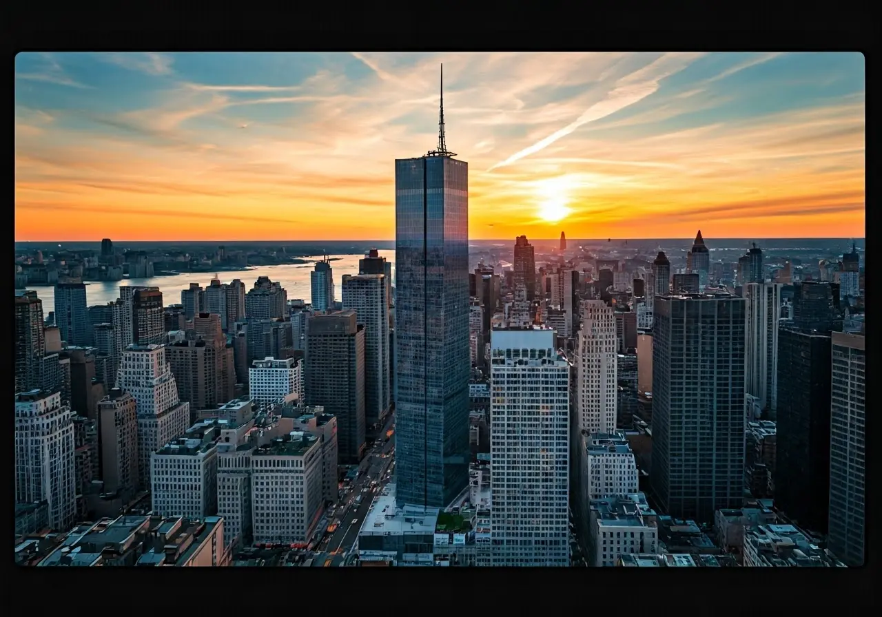 Aerial view of One Manhattan Square at sunset. 35mm stock photo