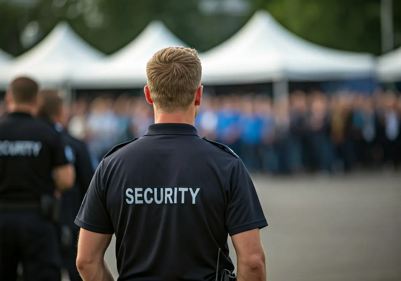 A security guard standing alert at a large outdoor event. 35mm stock photo