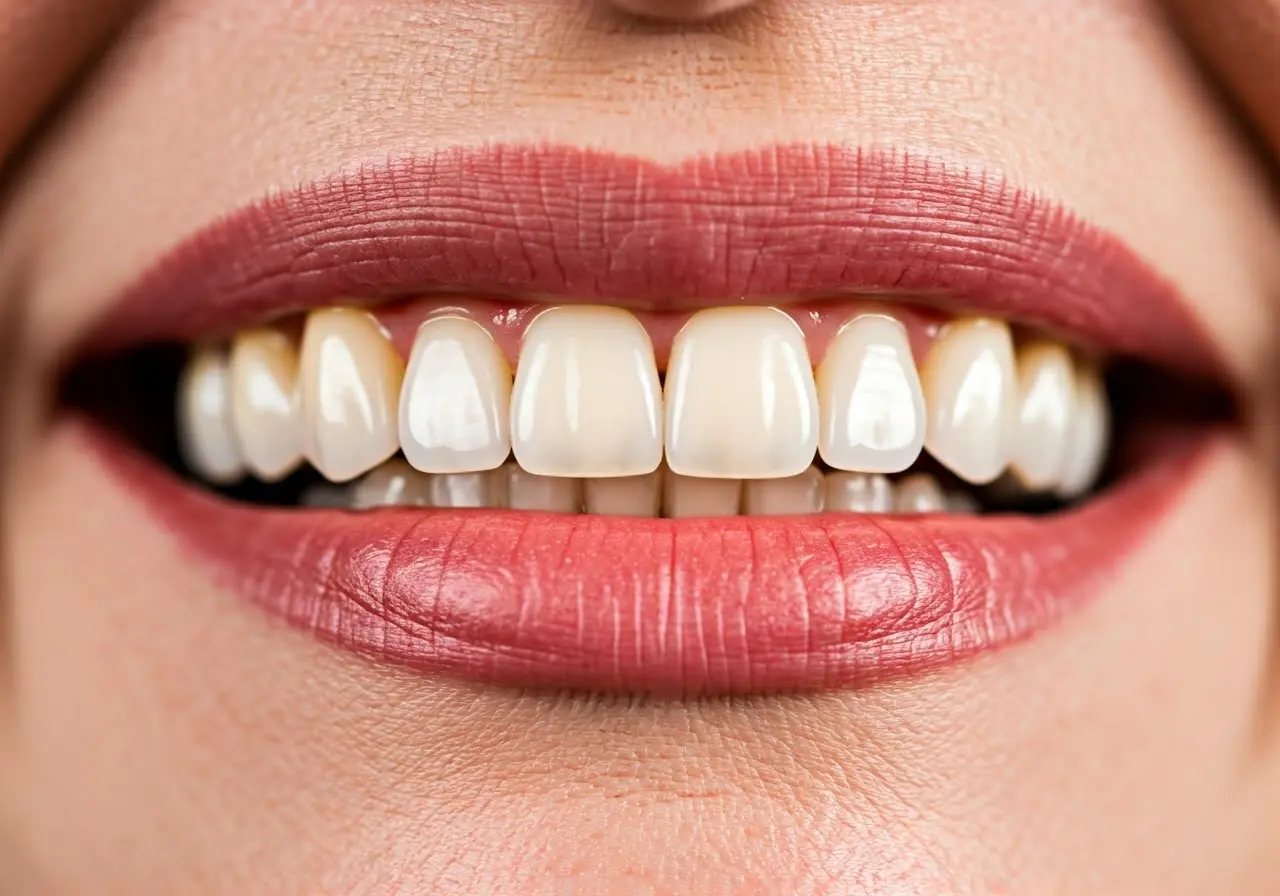 A close-up of dental implants and a bright, confident smile. 35mm stock photo