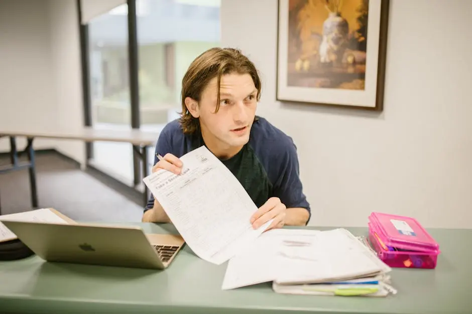 A student reviews notes on a desk with a laptop, preparing for an important exam.