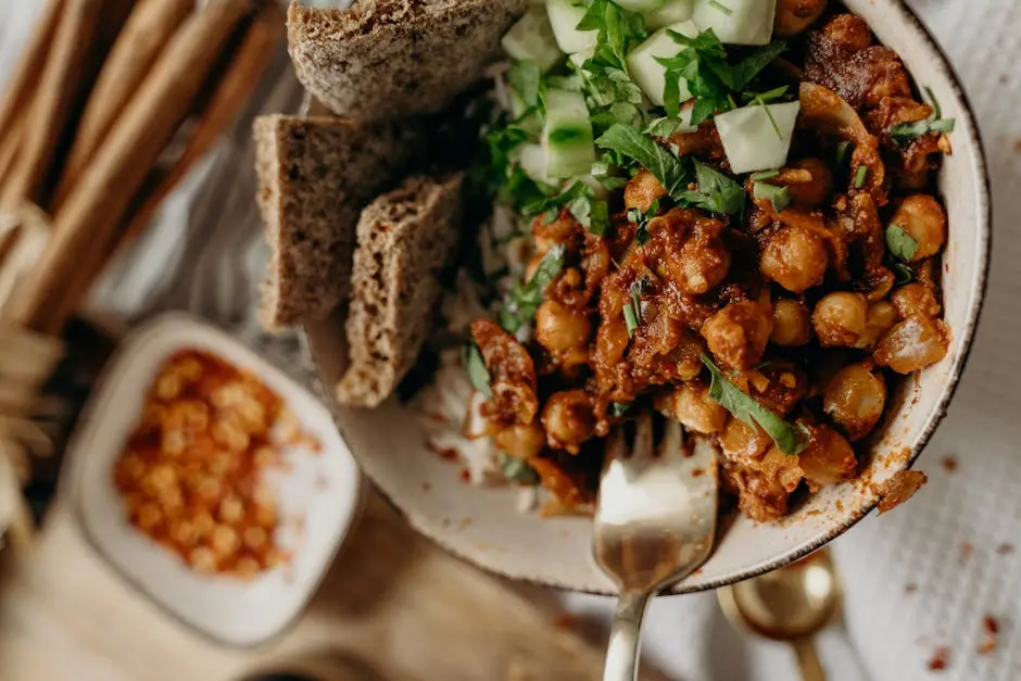 Delicious vegan chickpea chili with fresh vegetables, perfect for a healthy meal.
