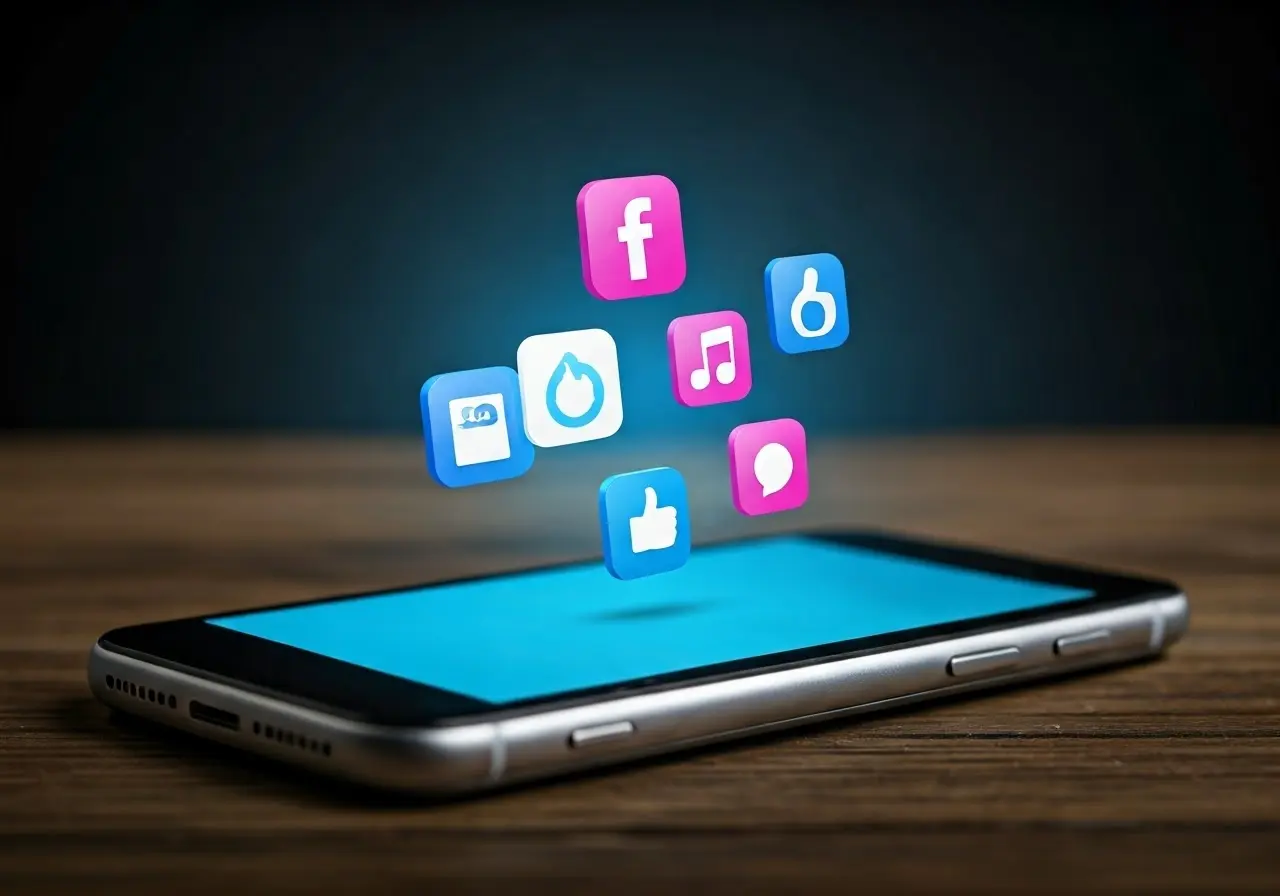 A smartphone with social media icons popping out of it. 35mm stock photo