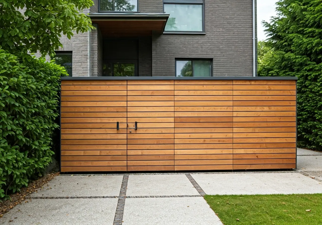 A modern home exterior with sleek wooden garbage can enclosure. 35mm stock photo