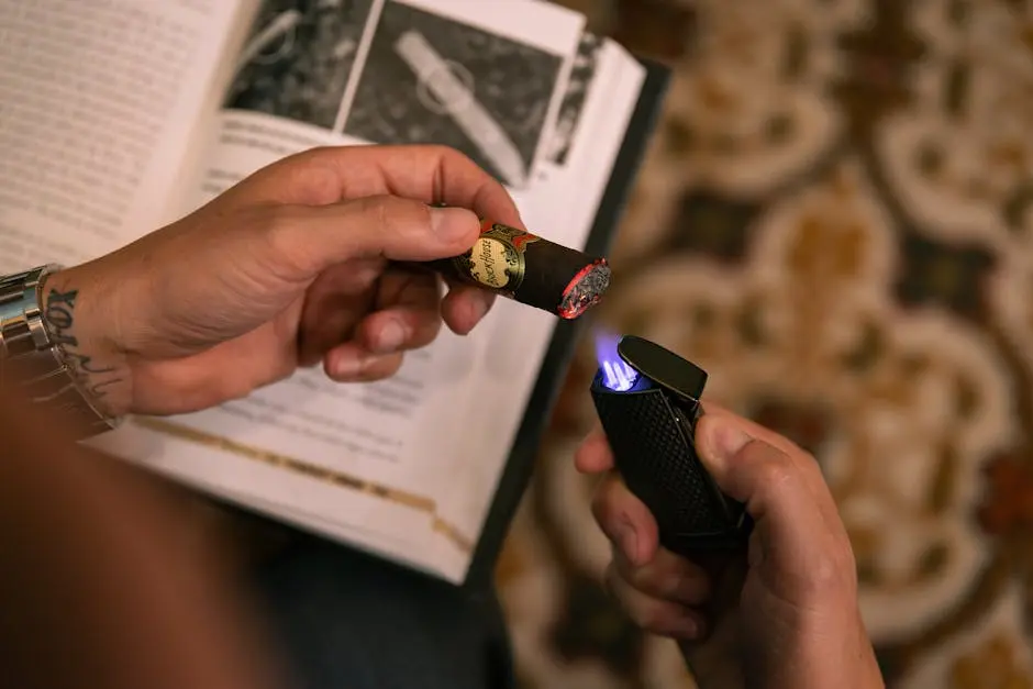 Close-up of hands lighting a cigar with a sleek lighter over an open book on a patterned rug.