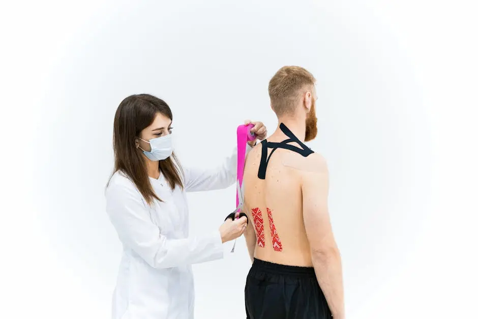 Medical practitioner applying kinesiology tape to a shirtless male patient’s back.