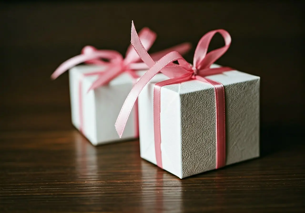 Delicately wrapped bridal shower gift boxes with pastel ribbons. 35mm stock photo