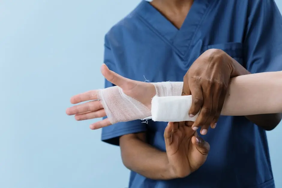 A medical professional carefully wrapping a bandage around an injured person&rsquo;s hand.