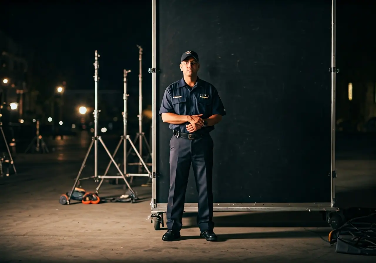 A security guard standing watch on a Los Angeles film set. 35mm stock photo