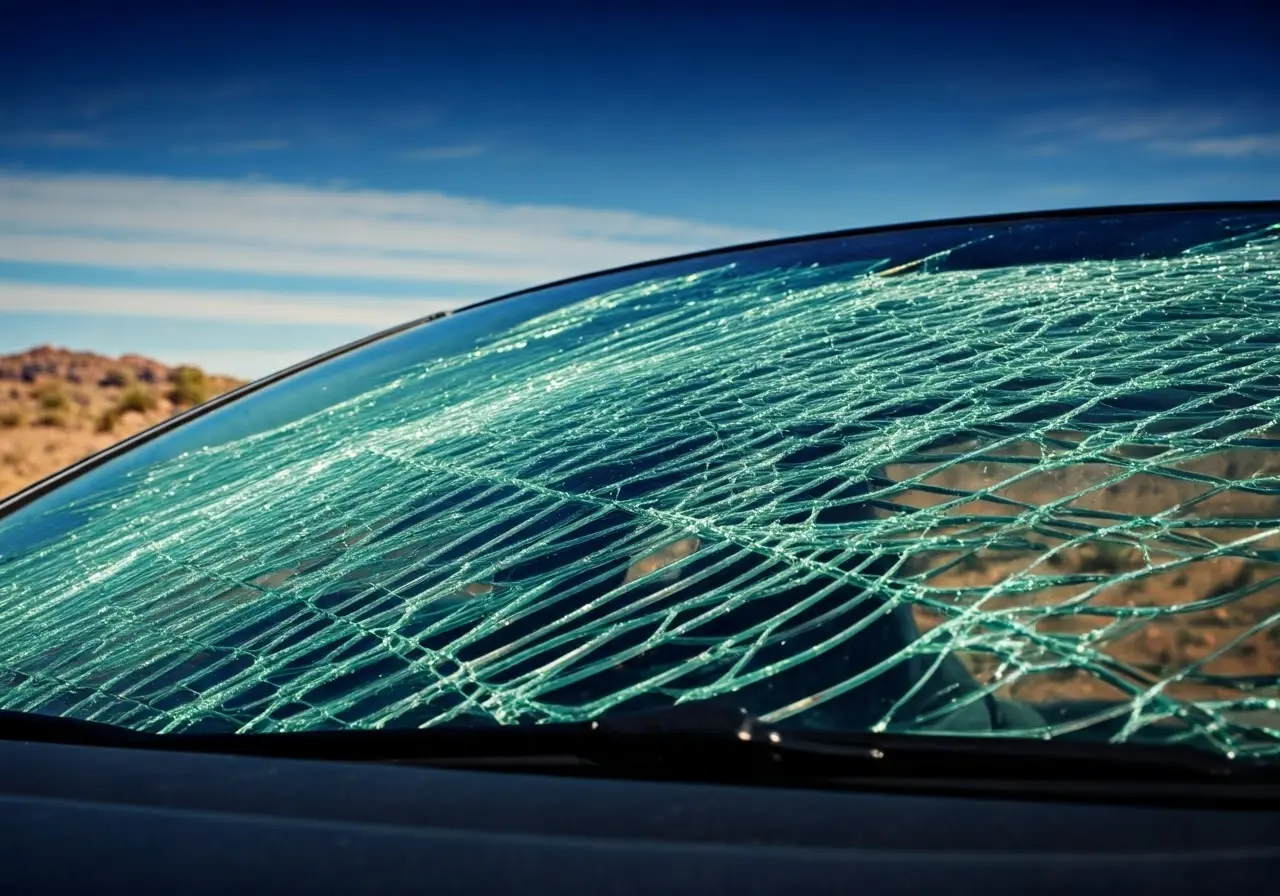 A cracked car windshield with a desert landscape background. 35mm stock photo