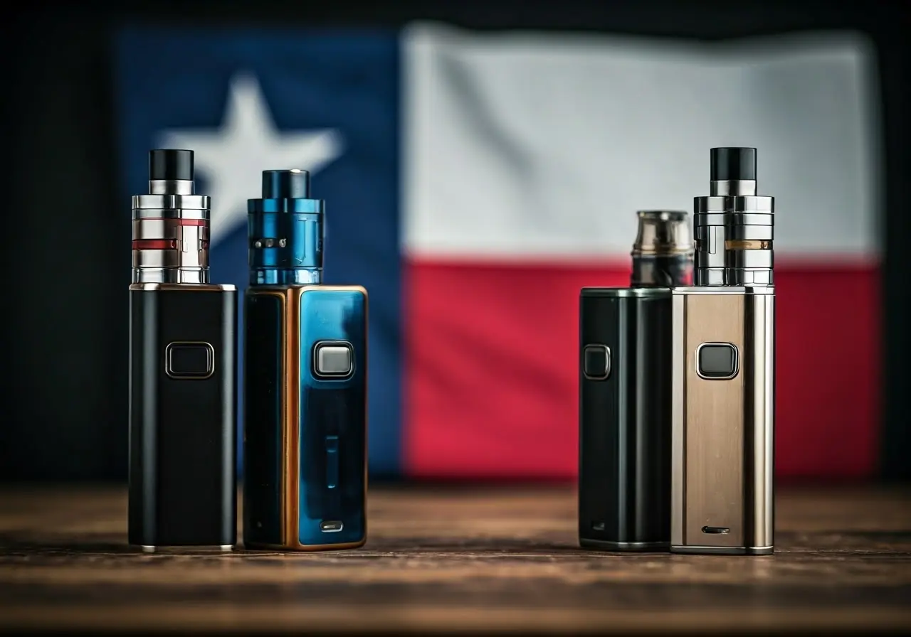 Colorful vape devices with Texas flag in the background. 35mm stock photo