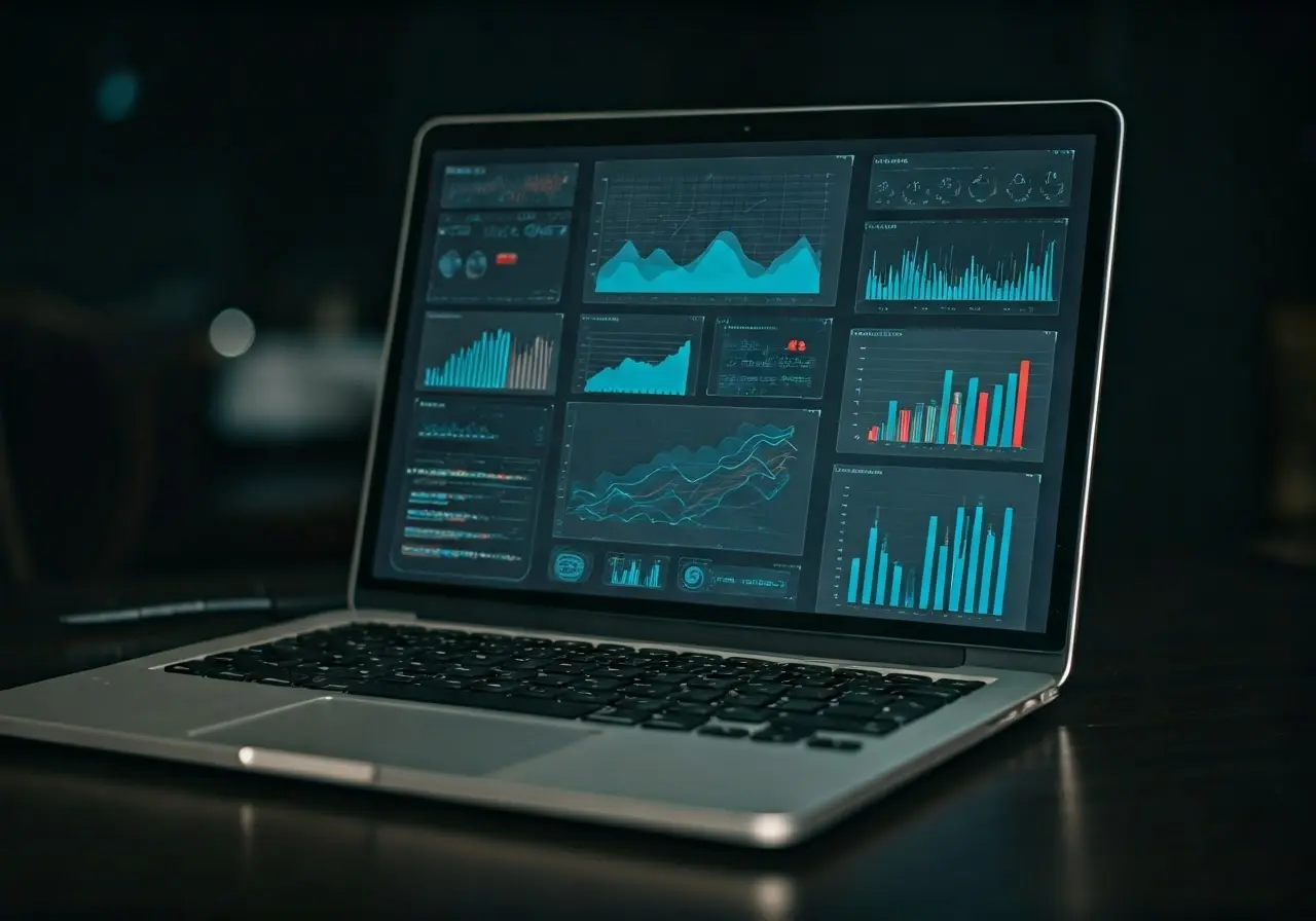 A futuristic laptop displaying data analytics and digital content. 35mm stock photo