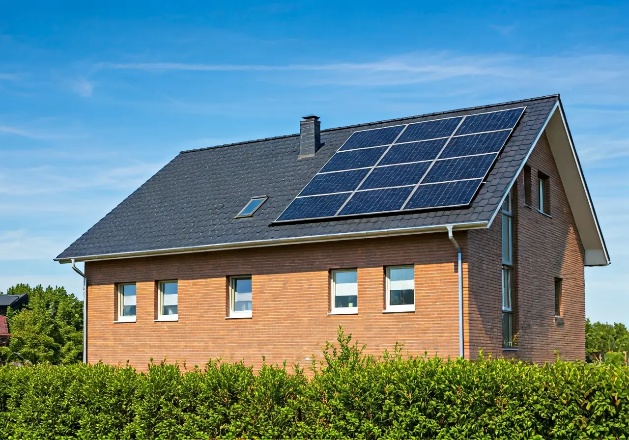 A modern house with solar panels on a new roof. 35mm stock photo