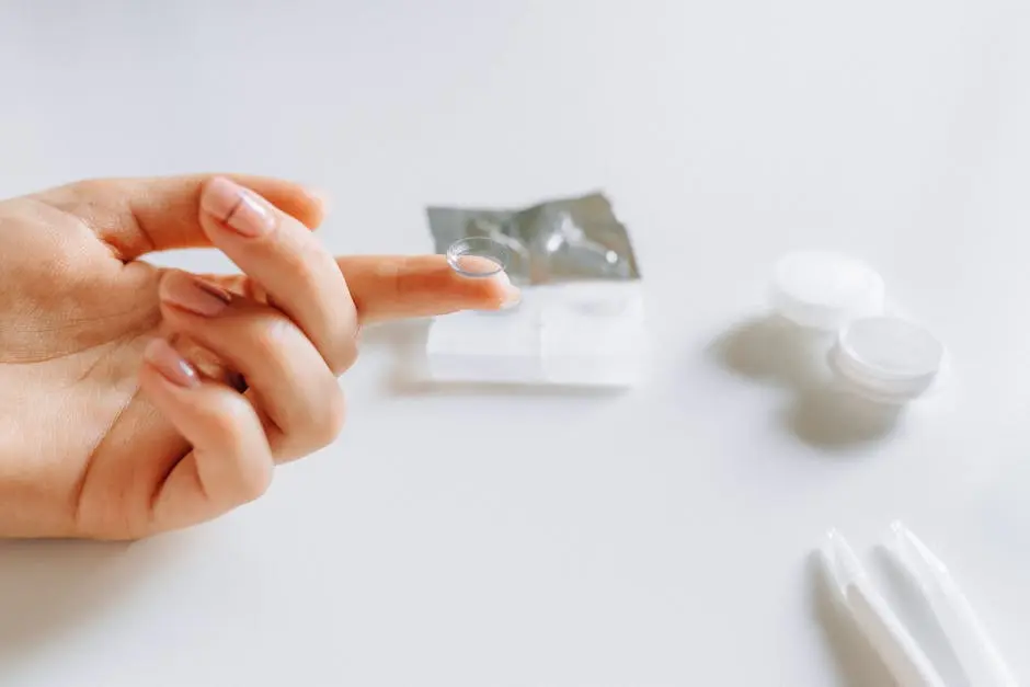 Close-up of hand handling contact lens, demonstrating eye care essentials.