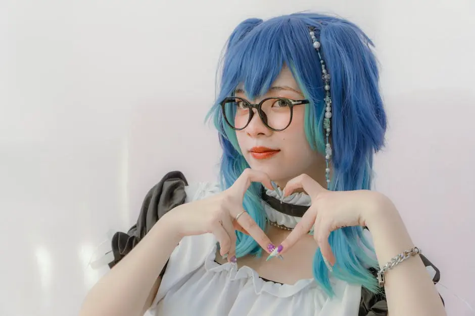 Creative cosplay portrait featuring a woman in costume with blue hair and glasses, forming a heart gesture.