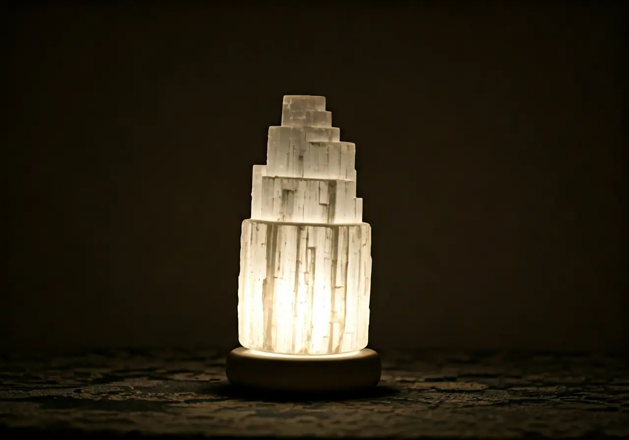 A glowing selenite lamp casting soft light in darkness. 35mm stock photo