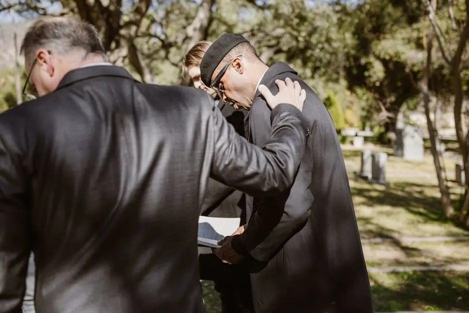 Men in formal attire comforting each other during an outdoor cemetery gathering.
