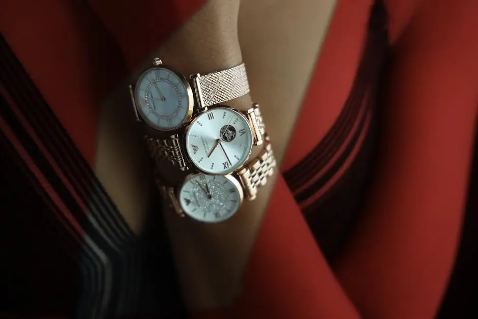 Close-up of three elegant gold watches displayed on a wrist, showcasing luxury and style.