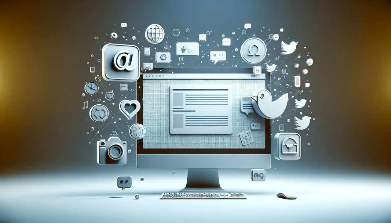 Draw a graphic in flat design style. A clean, flat design image featuring a computer screen displaying a bego website interface, surrounded by social media icons like Facebook, Twitter, and Instagram, illustrating the concept of digital engagement.