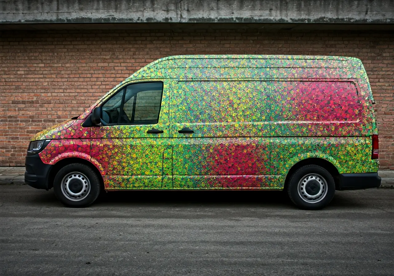 A brightly colored van with a custom advertising wrap. 35mm stock photo