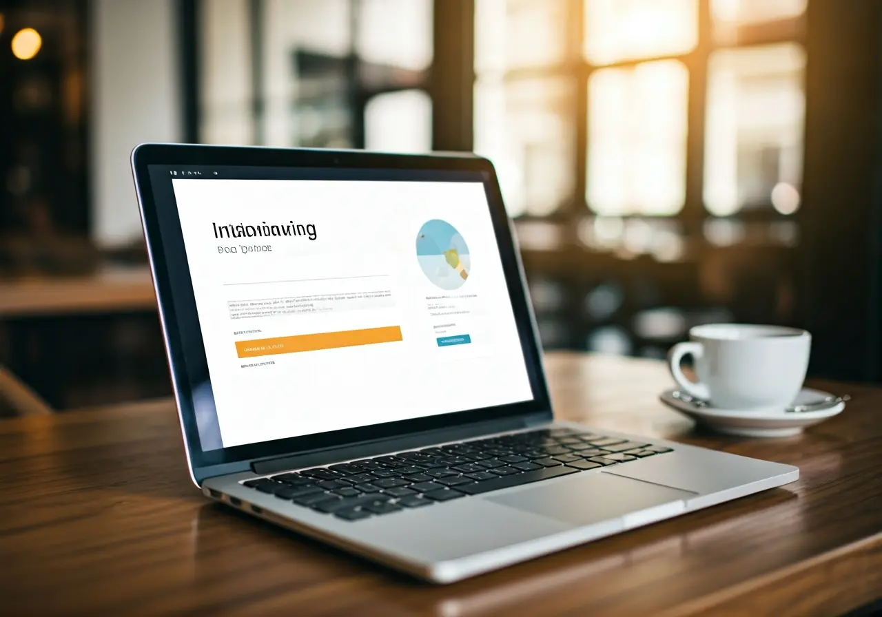 A laptop displaying an innovative app design in a cafe. 35mm stock photo