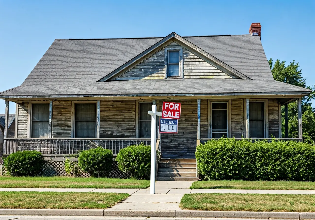 A worn-out house with a For Sale sign out front. 35mm stock photo
