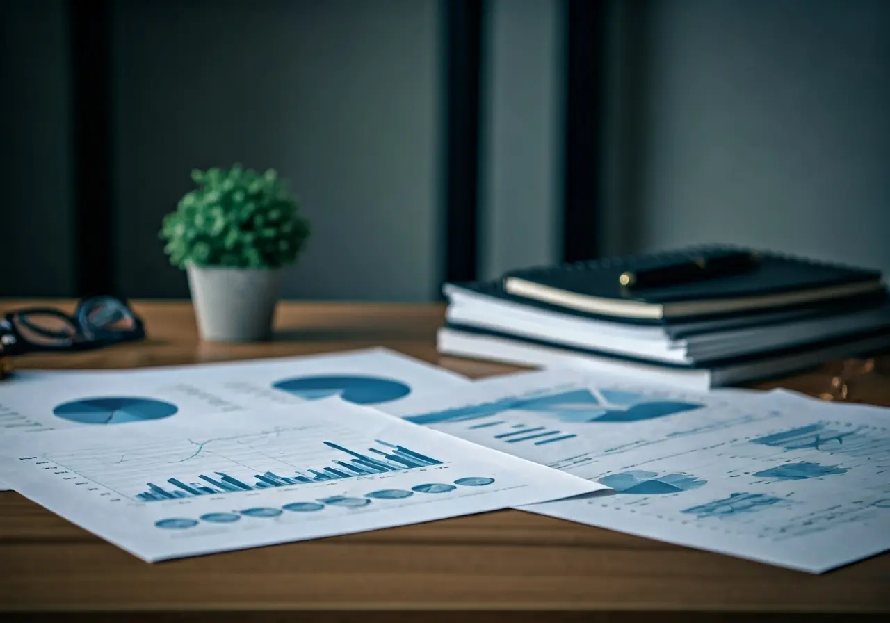 A cluttered desk with financial charts and graphs displayed. 35mm stock photo