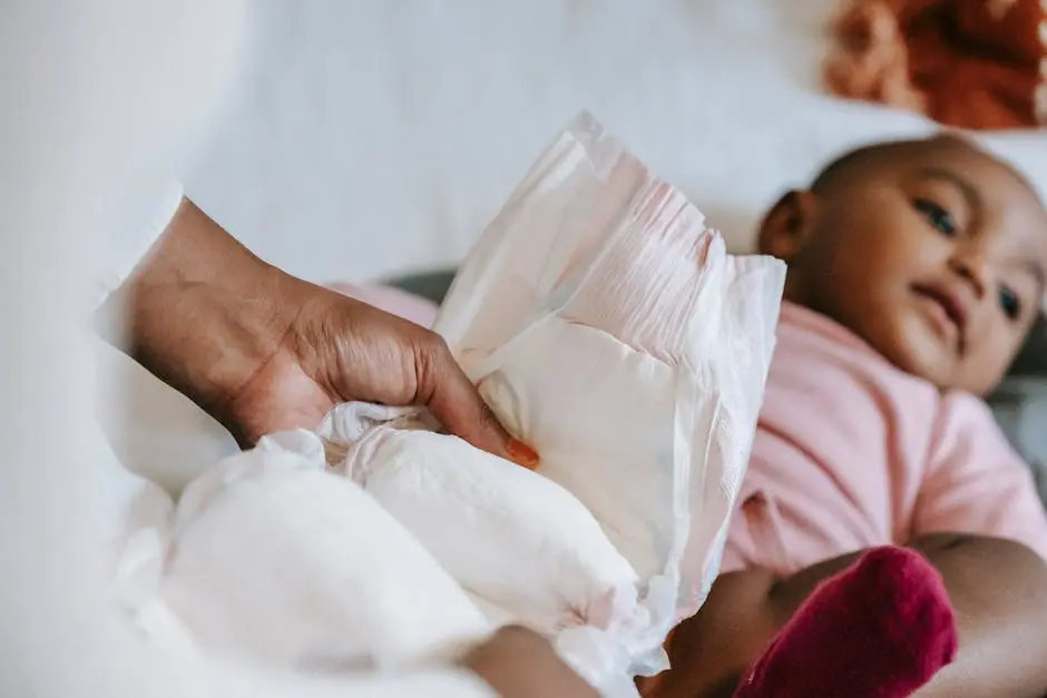 A mother gently changes her baby&rsquo;s diaper in a calm, cozy home setting.