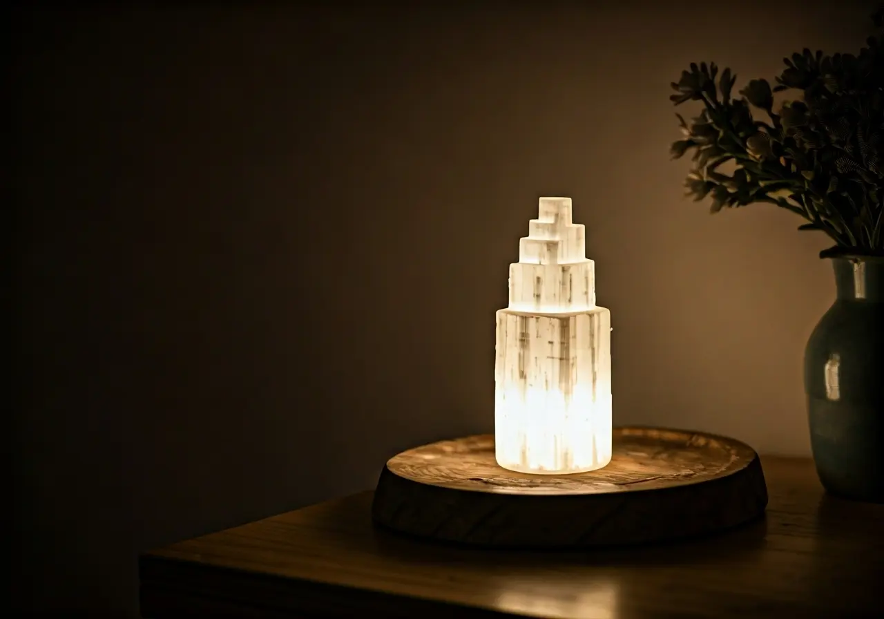 A glowing selenite lamp on a cozy wooden table. 35mm stock photo