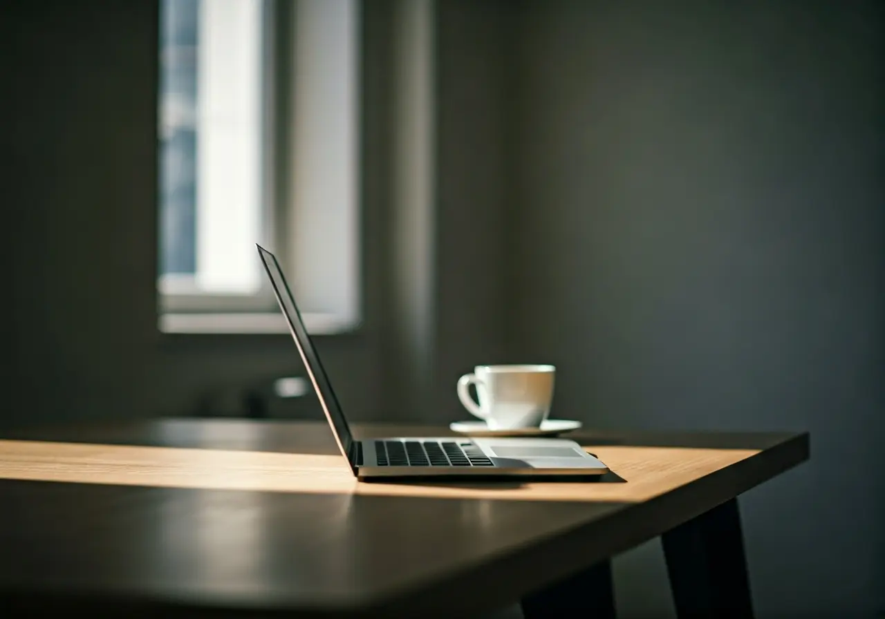 A serene office desk with a laptop and coffee cup. 35mm stock photo