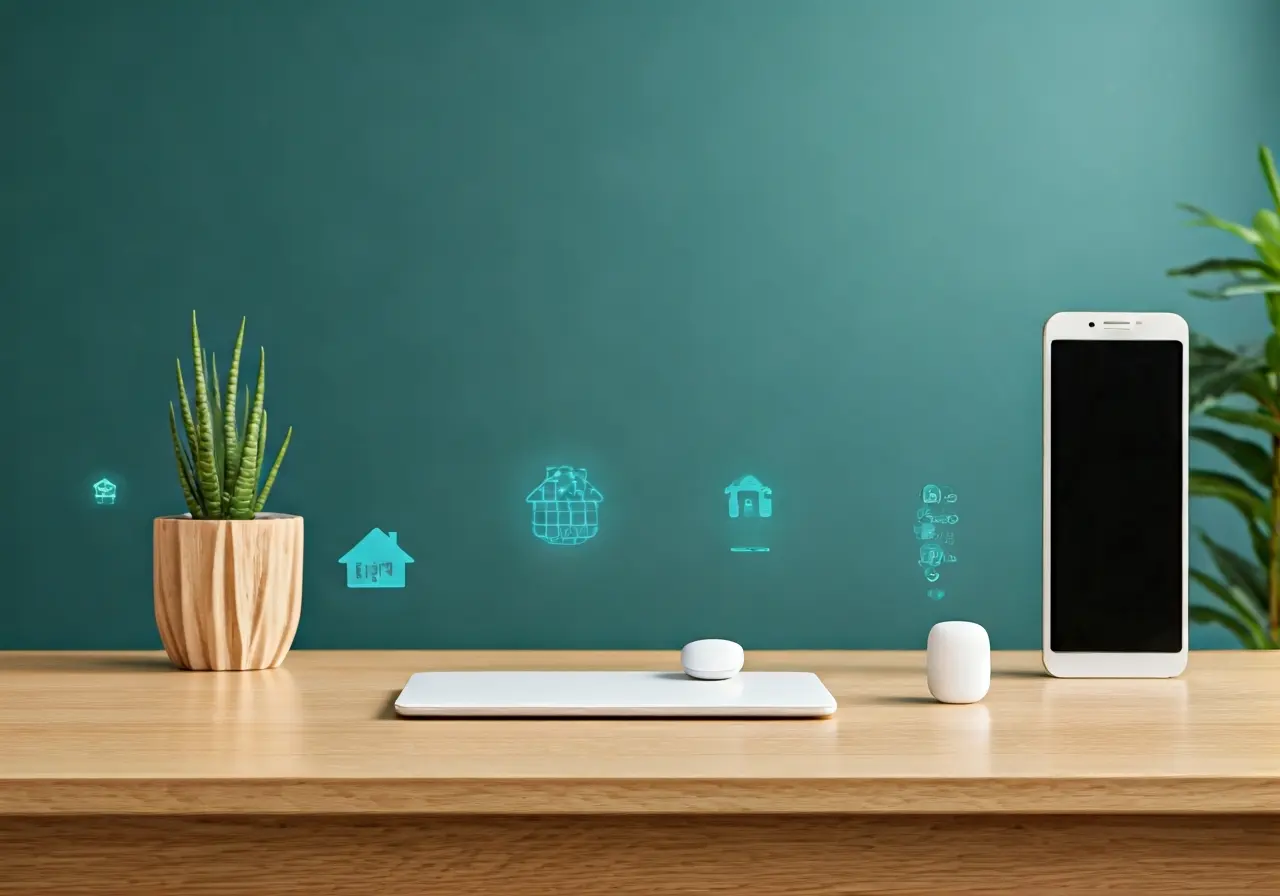 A modern living room with various smart home gadgets displayed. 35mm stock photo