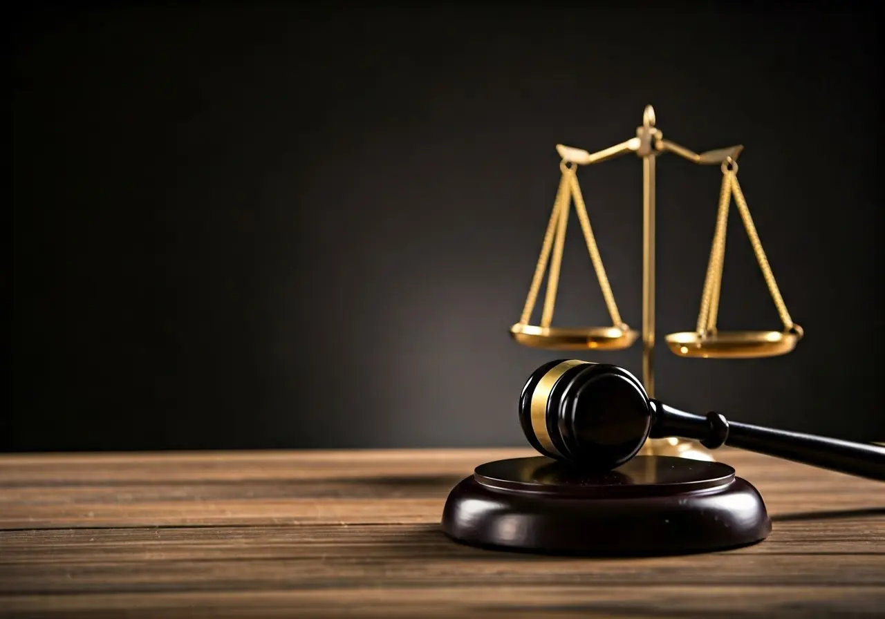 Scales of justice beside a gavel on a table. 35mm stock photo