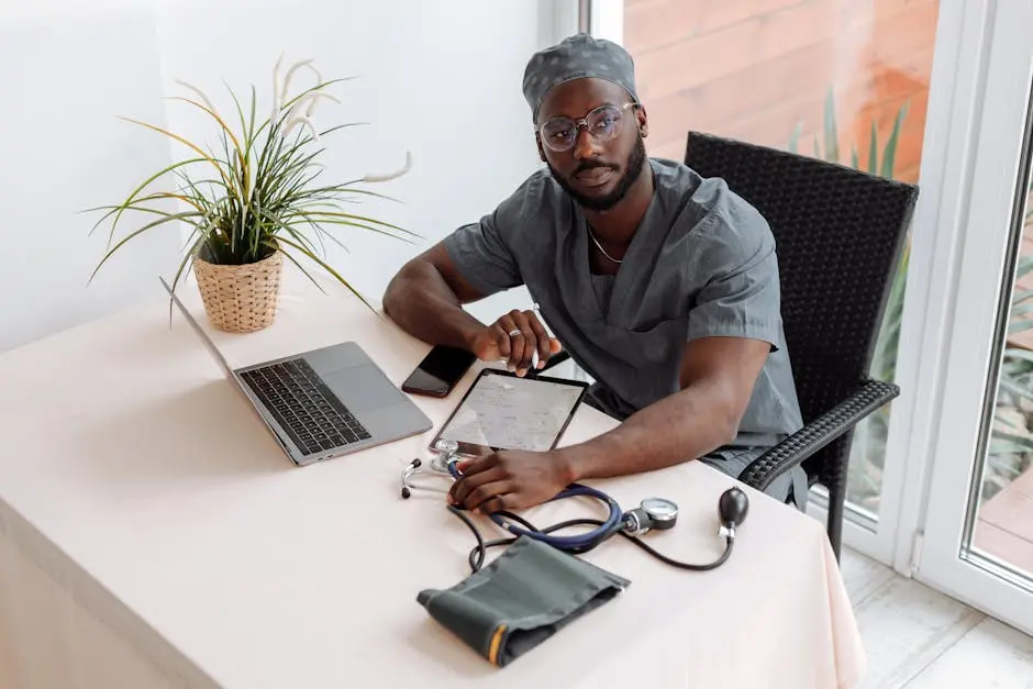 Doctor in scrubs using tablet and laptop in modern office with medical tools.