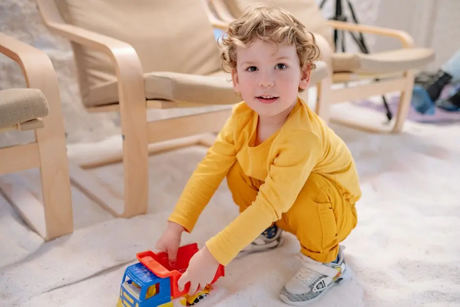 Joyful child in yellow playing with a toy truck indoors, expressing innocence and fun.