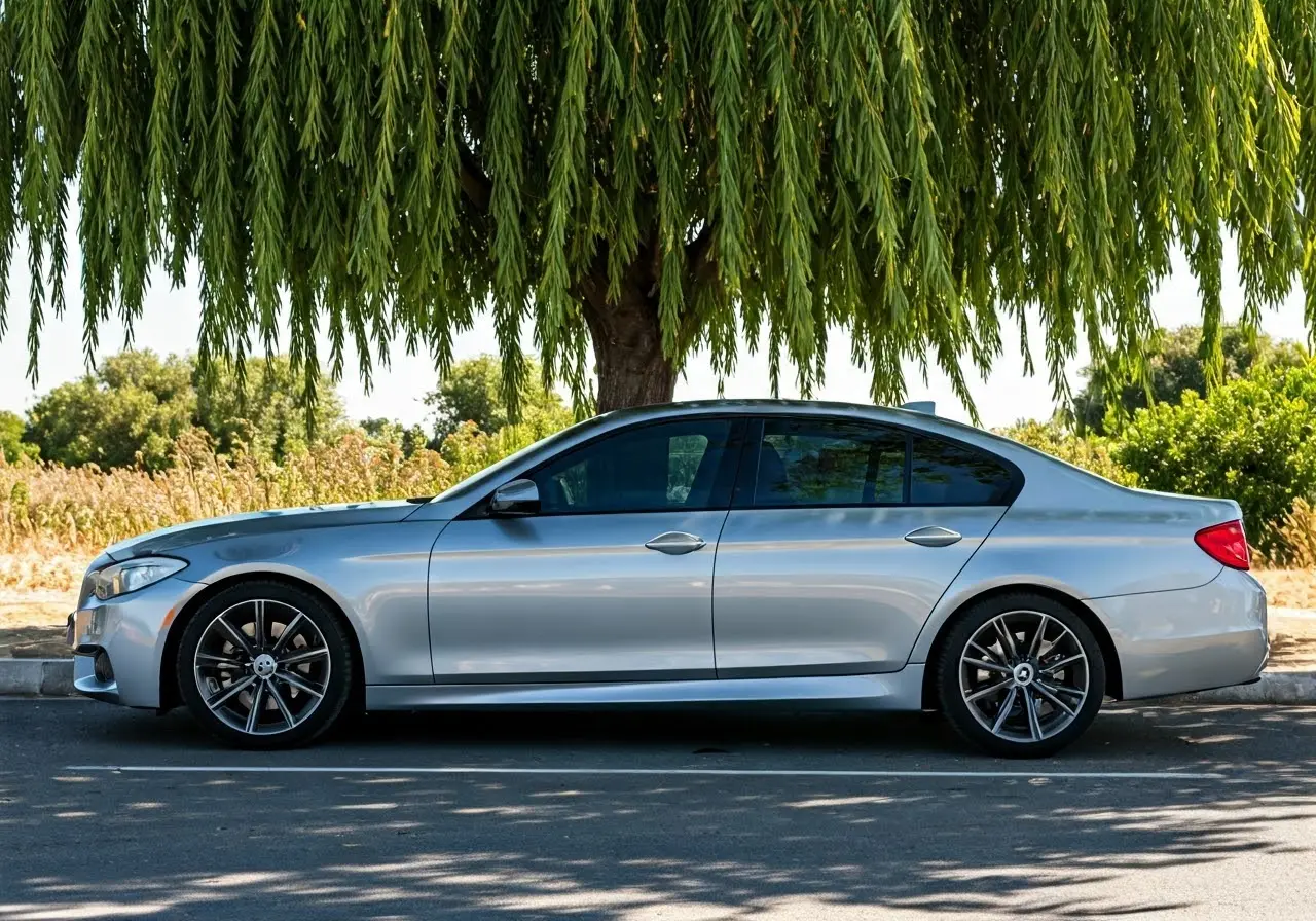 A car with tinted windows parked under a shady tree. 35mm stock photo