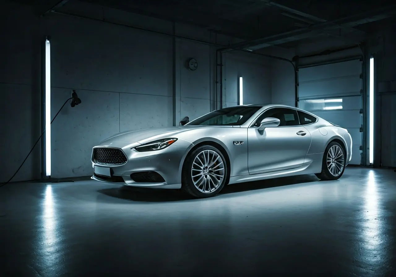 A luxury car being detailed in a high-end garage. 35mm stock photo
